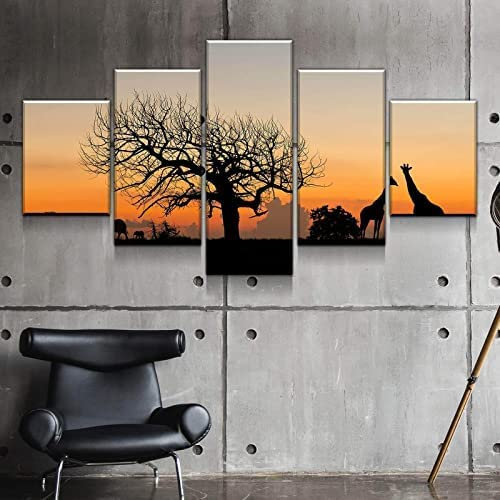 Leinwand 5 Teilig Afrikanischer Savannen-Giraffen-Sonnenuntergang 5 Wandkunst Stück Leinwand Wandbilder Wohnzimmer Moderne Für Schlafzimmer Dekoration Wohnung Home Deko Kunstdruck Mit Rahmen 100 X 50