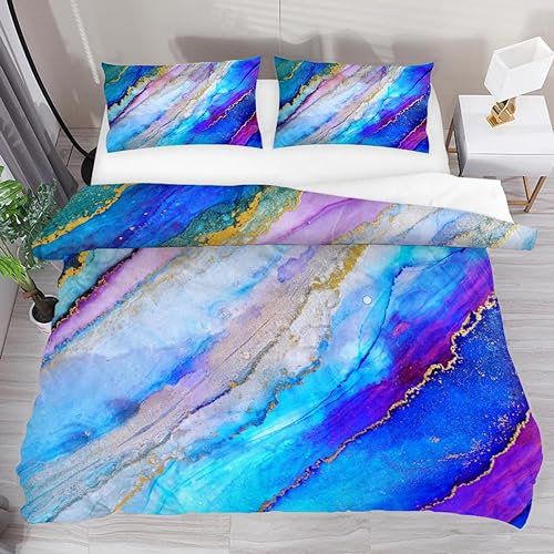 Luoweisi Juego de ropa de cama de mármol de tinta azul, tamaño individual, funda de edredón de microfibra con dibujos animados para niños, adolescentes y niñas, decoración moderna para dormitorio,