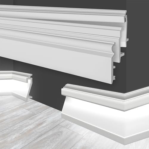 MARBET DESIGN Plinthes en plastique HDPS blanc - Profil de plinthe de 2 mètres, Plinthes de finition pour plinthes de sol, Moulures de sol, Canaux de câbles (HF-3 109x22 mm, 2 mètres)