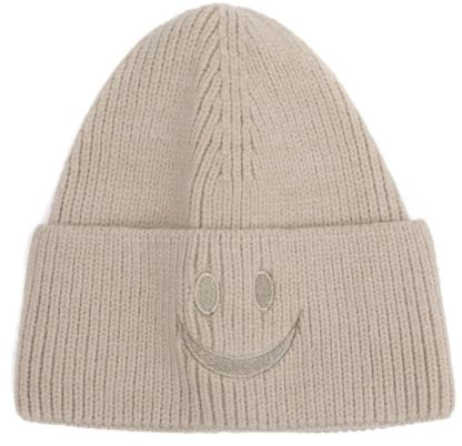 FASHION YOU WANT Beanie-Mützen für Herren, Unisex, Smiley, Bestickt, weich, SMILEY2 warm, Winter, Manschette, Strickmützen für Damen (DE/NL/SE/PL, Alphanumerisch, Einheitsgröße, beige)