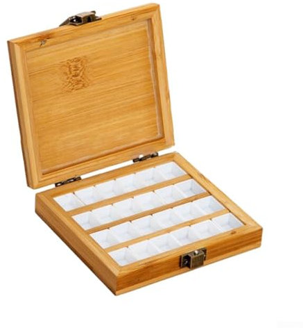 Tragbare leere Bambus-Farbpalette, 24 Fächer, Bambusholz, Wasserfarbe, Farbpalette, leerer Karton mit Deckel, Holzkunst, Holzpalette, Tablett, Aquarellbehälter (Flip-Seiten-Schnallen-Stil)