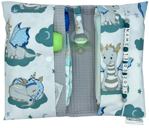 Große Windeltasche für unterwegs mit Namen personalisiert - für Mädchen und Jungen - Wickeltasche mit Waffelpique - Drache mit Bär weiß grau grün