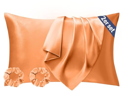 Seiwohl Satin Kissenbezug 40 x 80 2er Set, Weich wie Seidenkissenbezug Silk Pillowcase, Vegane Seide Kopfkissenbezug Kissenhülle Seidenkopfkissen für Haar und Haut mit 2 Haargummis, Orange