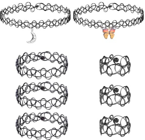 Andibro 8 Stück Elastische Halskette Set, Schmetterling Stretch Tattoo Choker Kette mit Armbänder und Ringe Damen Anhänger Schmuck Gummi Halsband Vintage 90er jahre Accessoires für Mädchen Teenager