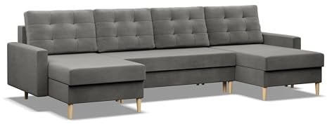 Mebligo - U-Förmige Ecksofa mit Schlaffunktion und Bettkasten BLANK, Bonell-Federn, Couch U Form 294x92x140 cm, Klappsofa mit Schlaffunktion, Wohnzimmer Eckcouch mit Bettfunktion - Ecksofa Hellgrau