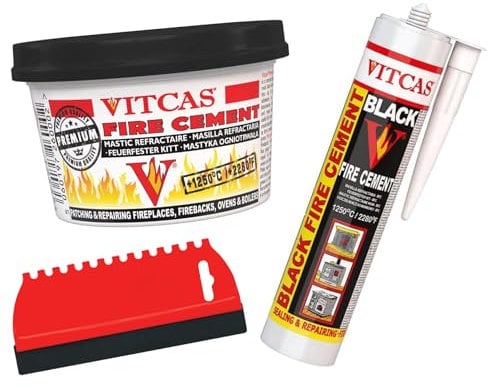 Fireplace Ready Mix Fire Cement Bundle for Indoor Use, Perfect for Wood Burning Stoves, Boilers & Fire Bricks, Includes Vitcas Black Fire Cement 500g Tub & 310ml Cartridge + Applicator Tool