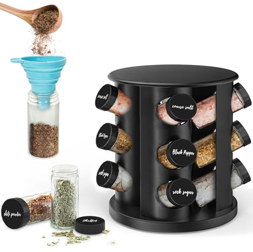 IPEB Rotating Spice Rack Organizer with 12 Spice Jars Revolving Stainless Steel Seasoning Rack with Stickers and Folding Funnel for Countertop or Cabinet, Black
