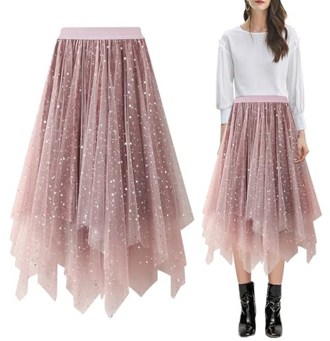 Baogaier Jupe Rose Femme Paillette Tulle Tutu Élégante Midi-Longue Asymétrique sous-Jupe superposée Jupe plissée A-Line Elastique Taille Jupe Midi Classique Prom Party Carnaval Costume Féminin