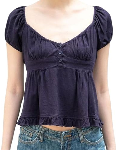 Women Y2K Babydoll Top - Lace Crop Top Puff Sleeve Shirt Square Neck Tee Slim Fit Vintage Fairy Brandy Melville Blouse Shirt (Dark Blue, L)