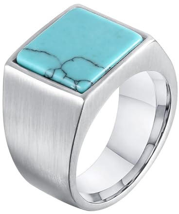 Calefee Ring Herren Verlobungsring, Ring für Herren Edelstahl Eheringe Siegelring Breit 13,6 mm mit Türkis, gr. 54