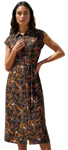 Roman Shirt Dress for Women UK Ladies Short Sleeve Sleeveless Belted Collared Midi Maxi Summer Spring Smart Casual Button Evening Office A Line Swing Skater - Floral Black - Size 12
