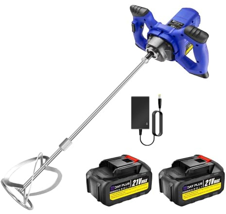 Cordless Concrete Cement Mixer, 850W Electric Paddle Mixer, 6 Speed Handheld Plaster Grout Paint Thinset Mortar Paddle Mixer Drill Mixer Stirring Tool (Includes 2X 21V 1500nAh Batteries)