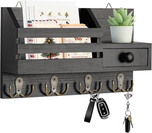 Irayin Appendi Chiavi a Muro con Cassetto Portaoggetti, Appendi Chiavi Ingresso con 4 Doppio Ganci, Portachiavi da Parete in Legno, Mensola da Parete per Casa, Ingresso, Ufficio - Nero