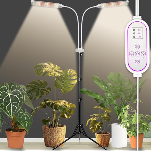 Secefeao Pflanzenlampen LED Vollspektrum, Pflanzenleuchte Pflanzenlicht mit Ständer Pflanzen LED Wachstumslampe für Pflanzen mit Zeitschaltuhr 3 Farbmodi 10 Lichtstärken (2 Köpfe)