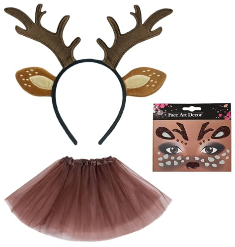 3 Stück Reh Kostüm Kinder, inklusive Tüllrock Brown, Reh Haarreif Kinder mädchen und Tier Ohren Gesichtstattoo, Rentier Kostüm Accessoires für Karneval Halloween Weihnachten Geburtstag Cosplay