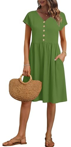 PLMOKEN Womens Summer Dresses Loose Knee-Length Short Sleeve Floral V Neck Dresses Ladies Casual Beach Dress with Pockets Army Green