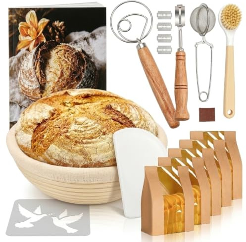 BOMOOMOO Sauerteig Starter Set, 23cm Rund Brotgärkorb, Brotbacken Zubehör | Eigenes Klassisches Gewindegebäck Backen