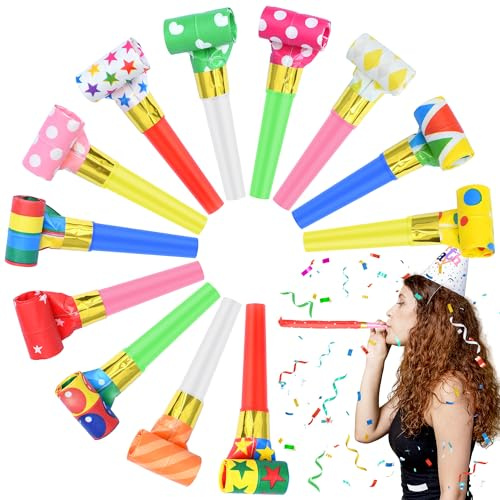 Senqiclound 12 Pcs Party Blowers, Colorful Noise Makers Funny Blowout Horns for Birthday New Years Graduation Sporting Events Party Favor Supplies (Paper)