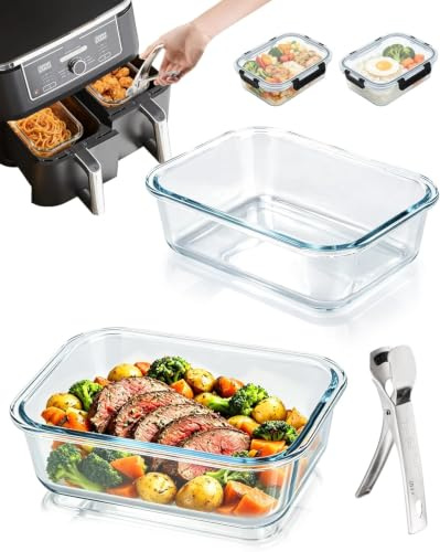 iHomara 2 Stück Glas Auflaufform Airfryer, Mit Edelstahl Zange und Deckel | 20x15 cm, für Ninja, Cosori, Philips, Borosilikatglas, Kratztfest, BPA-frei, Hitzebeständig, Spülmaschinenfest