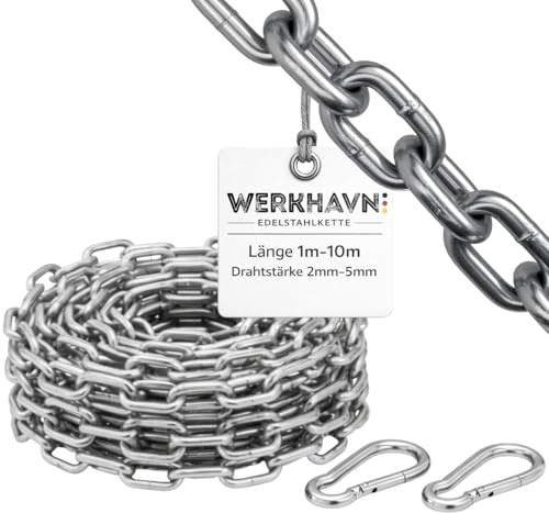 WerkHavn Edelstahlkette mit 2 Karabiner | Premium Kette aus Edelstahl 304 | rostfreie Ketten DIN763 Chain Stahlkette | Gliederkette | Rundgliederketten | Stärke 5mm Länge 2m
