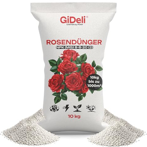 GiDeli Rosendünger 10 kg - Granulat für Große Rosenbeete und Hecken | ergiebig für große Beete und Hecken, viel Kalium für Trockenheit und Frost, wenig Chlorid schont die Wurzeln