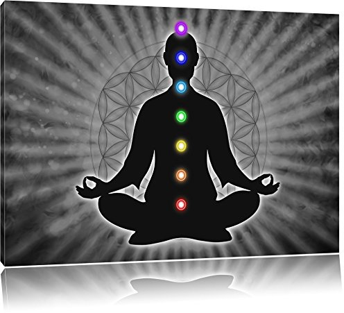 Pixxprint Meditation mit den 7 Chakren B&W Detail, Größe: 60x40cm, Leinwandbild, fertig gespannt, Wandbild, Dekoration, Kunstdruck, kein Poster
