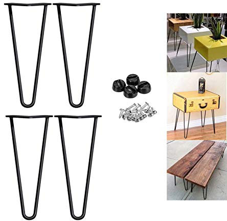 12 inch Metal Table Legs 30cm Hairpin Table Leg Black 10mm 2 Rod Mid Century Modern Furniture Industrial Style for Coffee Table Desks Bench Cabinet DIY Furniture w/Protector Feet & Screws (Set of 4)