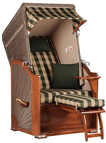MR. DEKO® Strandkorb Seeblick Single Mahagoniholz 1-Sitzer | PE Geflecht Grey | Volllieger verstellbar mit Fußablage | inkl. 2 Kissen & Wechselpolster | Strandkörbe fertig montiert | Bezug Dessin 506