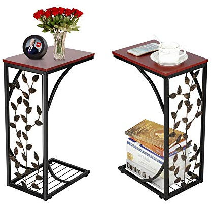 Yaheetech Lot de 2 Table d'Appoint Bout de Canapé Motif de Feuille Table Basse à Café Design Table de Nuit Cadre Métallique