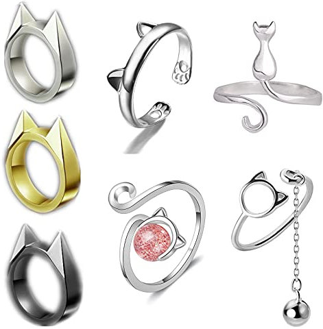 XHBTS 7 Stk. Niedliche Katzenringe Set versilbert Pet Open Verstellbarer Finger Statement Ring für Frauen Mädchen Katzenohrringe Schwarz Silber Gold mit Mini Stoff und Box