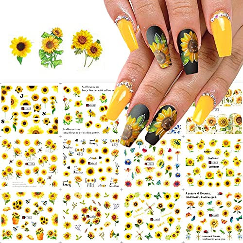 CHANGAR Sunflower Nail Stickers Floria Flower Bee Water Transfer Decals Spring/Summer Series Nail Decorations Manicure Tips,12 Sheets Toenail Art Decorations Accessories