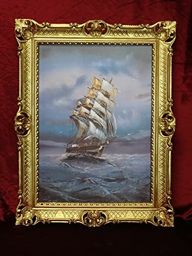WandbildBild mit Rahmen Silber Gemälde Schiffe Segelschiff 90x70 cm Kunstdruck in Barock Rahmen Seefahrt in Sturm Seestück Maritime