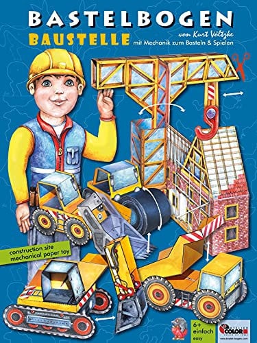 ATELIER COLOR Baustelle Bastelbogen mit Papiermechanik bespielbarer Bagger Kran Radlader Muldenkipper Walze zum Basteln aus Papier für Kinder ab 6+ Jahren Papiermodelle zum Spielen