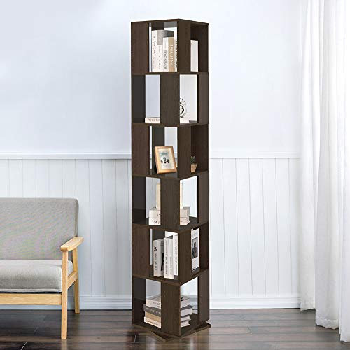 Redd Royal 6-Tier Bookcase 360° Rotating Bookshelf, Floor Standing Storage Rack for Living Room Bedroom, Open Design Swivel Corner Shelf Home Office Decor (Dark Walnut)