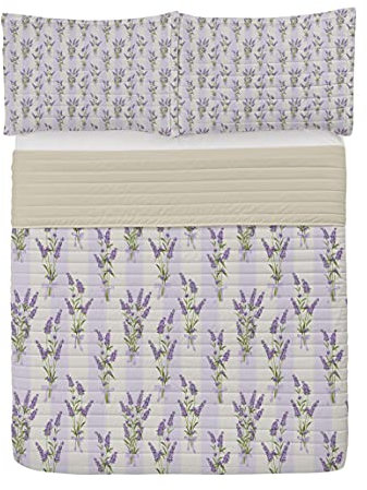 ABAKUHAUS Lavendel Mikrofaser Tagesdecken Set, Streifen und Blumen, weiches Bettwäscheset mit Kissenbezügen und Steppdecke, 220 cm x 220 cm, Lila