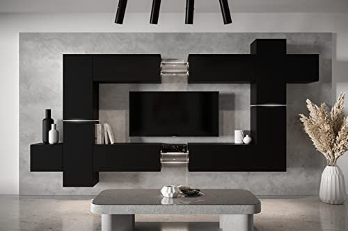 Furnitech Wohnwand Wohnzimmer - Hängend Wohnwand Modern - Wohnzimmer Schrankwand mit Regale und TV Schrank - Wohnzimmer Möbel ohne LED (AN91NEW-21B-M3)