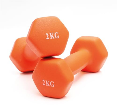 Bestfor Pair of 2kg Hex Anti Roll Non Slip Neoprene Dumbbell Weights For Exercise, Fitness, Workouts, Lifting with Exercise Chart