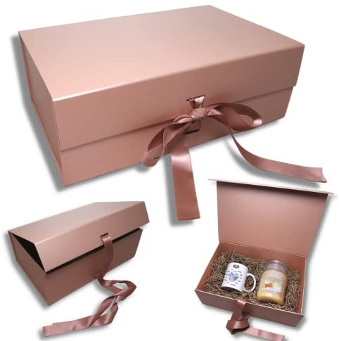 Large Luxury Gift Box for Presents Size 33x22x11cm, Magnetic Gift Box with Tissue Paper Birthday Wedding Bridesmaid Groomsman Anniversary Valentines Baby Gift (Rose Gold with Ribbon)