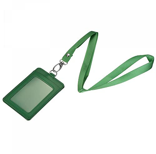 sourcing map Ausweisinhaber 11x7,4cm Vertikal PU ID-Kartenhalter mit Niete abnehmbaren Hals Lanyard Grün