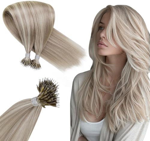 Hetto Nanoring Extensions Echthaar Blond Nanoring Haarverlangerung Remy Echthaar 35cm 50g Nano Extensions Aschblond mit Gebleichtes Blond 18/613