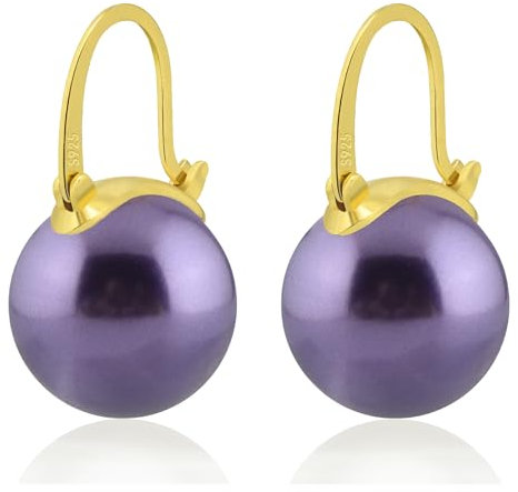 HUGE TOMATO Pendientes colgantes de perlas moradas, elegantes pendientes de plata de ley 925 de 14 mm con cierre chapado en oro de 14 quilates para mujer a la moda