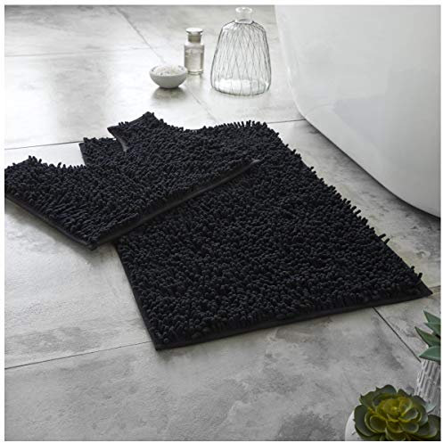 GC GAVENO CAVAILIA Soft Bath Mat Sets For Bathroom | 2 Piece Bath Mat Non Slip Back | Highly Water Absorbent & Fast Drying 100% Microfiber Chenille Toilet Rug with Pedestal Mat | Black