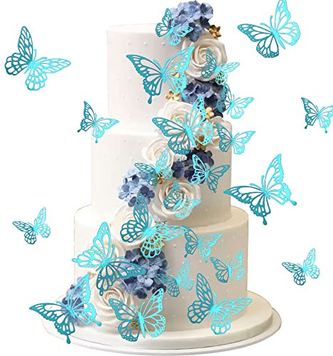 SYKYCTCY 40 Pack Blue Lively 3D Butterfly Cupcake Toppers Mixed Styles Hollow Butterfly Cupcake Topper Wedding Anniversary Baby Shower Kids Birthday Party Cake Decorations Supplies