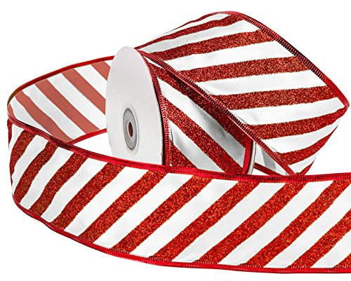 RUSPEPA Verdrahtet Weihnachtsfeiertags Band – Rot-Weiß Gestreiftes Band – 63 mm X 22 m Pro Rolle – Roter Drahtrand