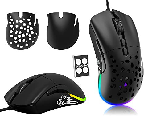 ZIYOU LANG Ratones D19 G-Pro con Cable para Juegos, Ratones para Juegos de hasta 12.000 dpi, ratón O-Model RGB para Juegos, 7 Botones programables, Carcasa de Panal óptica Super Light RGB Gamer Mouse