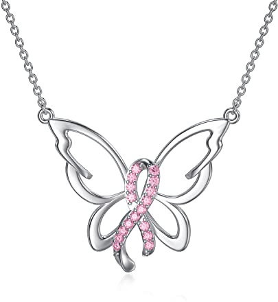 PROESS Collier de Sensibilisation au Cancer du Sein en Argent Sterling 925 Collier Papillon Collier Ruban Rose Collier Survivant du Cancer du Sein Cadeaux pour les Femmes