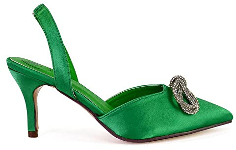 ESSEX GLAM Womens Pointed Toe Low Heel Diamante Bow Slingback Pumps Ladies Bridal Shoes
