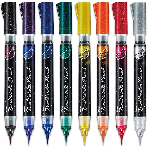 Pentel Arts Dual Metallic Pinselmarker – schillernde Glitzertinte – feiner bis breiter Strich – 8 Stück