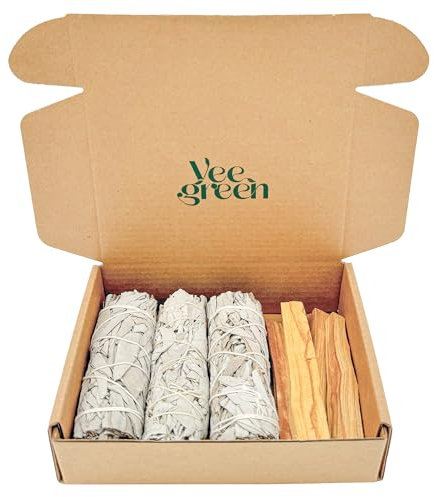 Räucher Set mit Weißem Salbei & Palo Santo – Natürliches Räucherwerk für Hausreinigung, Achtsamkeit & Meditation (Räucher Set mit 3 Weißen Salbei Bündeln & 4 Palo Santo Hölzern)