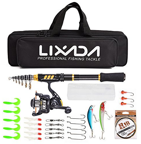 Lixada Fishing Rod Reel Combo Carbon Fiber Telescopic Fishing Rod Fishing Line Lures Hooks Jigs Swivels Saltwater Freshwater Travel Fishing Accessories Kit (Style-2 2.4M)